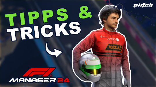 Person in rotem Rennfahreranzug hält weißen Helm mit grünem Visier, Text 'TIPPS & TRICKS', Logo 'F1 Manager 24'