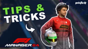 Person in red and gray racing suit holding a white racing helmet with green and yellow stripes, text 'TIPS & TRICKS', F1 Manager 24 logo