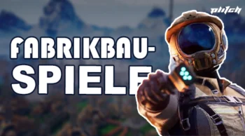 Astronaut in Raumanzug zeigt mit der Hand nach vorne vor unscharfem Hintergrund und dem Schriftzug 'FABRIKBAU-SPIELE'