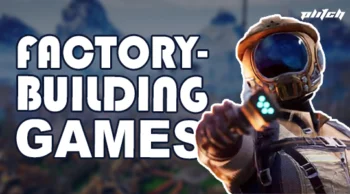 Astronaut wearing helmet and suit pointing toward a futuristic landscape with factory buildings and the text 'FACTORY-BUILDING GAMES' in large letters