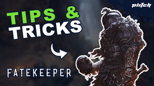 Rear view of an armored figure from the game Fatekeeper next to the text 'TIPS & TRICKS' and 'FATEKEEPER'