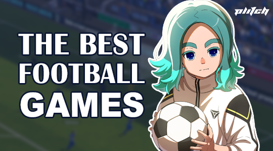 Illustration of a person with green hair holding a soccer ball against a blurred soccer stadium background with the text 'THE BEST FOOTBALL GAMES'