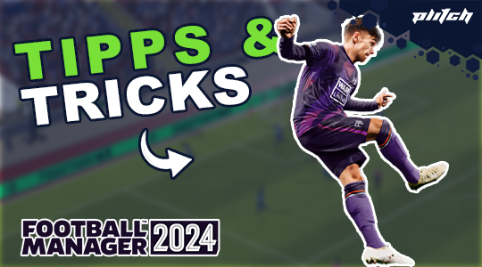 Fußballspieler in violettem Trikot führt einen Schuss aus, daneben Text 'Tipps & Tricks' und Logo von Football Manager 2024
