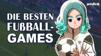 Animierte Figur mit hellgrünem Haar hält einen Fußball vor einem unscharfen Fußballstadionhintergrund mit dem Text 'DIE BESTEN FUßBALL-GAMES'