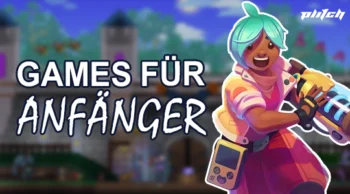 Figur mit grünem Haar und Gameboy an der Hüfte hält eine Waffe vor einer Burgkulisse mit dem Text 'GAMES FÜR ANFÄNGER'