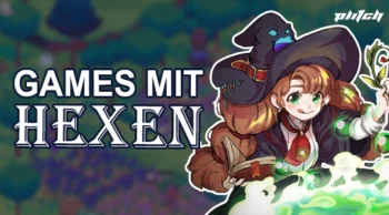 Eine Hexe mit braunen Haaren und einem schwarzen Hut, die einen Zaubertrank in der Hand hält. Text: 'GAMES MIT HEXEN'.