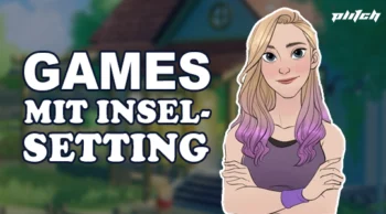 Illustration einer jungen Frau mit langen, blond-violett gefärbten Haaren vor einem unscharfen Hintergrund mit einem Haus und dem Text 'GAMES MIT INSEL-SETTING' in Großbuchstaben.