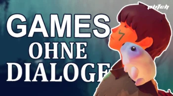 Illustration eines Jungen mit einem kleinen Tier auf der Schulter und dem Text 'GAMES OHNE DIALOGE' in Großbuchstaben