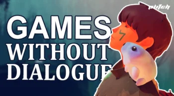 Illustration of a person with short brown hair and a small white animal on their shoulder next to the text 'GAMES WITHOUT DIALOGUE'