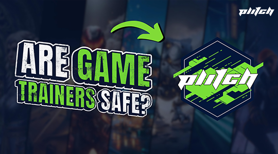 Text 'ARE GAME TRAINERS SAFE?' in white and green next to a hexagonal logo with the word 'plitch' on a dark background