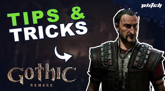 Man in armor with obscured face next to the text 'TIPS & TRICKS' and 'Gothic REMAKE' on a dark background