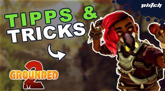 Bewaffneter Charakter mit rotem Haar und Maske aus dem Spiel Grounded 2 neben dem Text 'Tipps & Tricks'