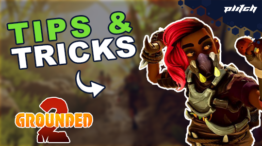 Character with red hair and armor from Grounded 2 game pointing at text 'Tips & Tricks' with Grounded 2 logo below