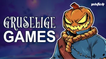 Ein grinsender Kürbis mit einer geflochtenen Haarsträhne trägt einen blauen Mantel. Links steht der Text 'GRUSELIGE GAMES' in verschnörkelter Schrift, rechts das Logo 'plitch'.