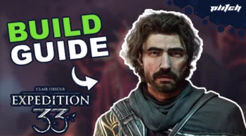 The text 'BUILD GUIDE' in green font on a background with blurred figures. Below is 'CLAIR OBSCUR EXPEDITION 33' in a decorative font.
