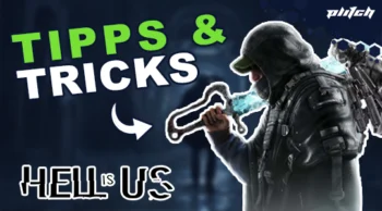 Ein Mann in dunkler Kleidung hält eine Klinge mit blauer Klinge. Text: 'TIPPS & TRICKS' und 'HELL is US'.