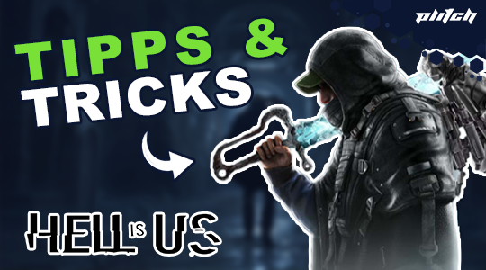 Ein Mann in dunkler Kleidung hält eine Klinge mit blauer Klinge. Text: 'TIPPS & TRICKS' und 'HELL is US'.