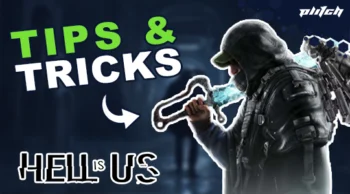 A hooded figure holds a glowing sword, with the text 'TIPS & TRICKS' in green and white. The title 'HELL is US' is displayed in bold black letters.
