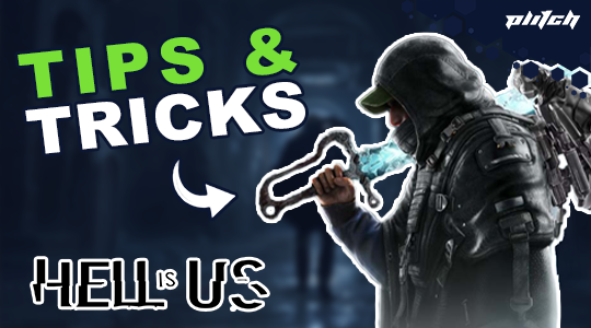 A hooded figure holds a glowing sword, with the text 'TIPS & TRICKS' in green and white. The title 'HELL is US' is displayed in bold black letters.