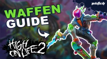 Figur mit futuristischer Rüstung und Skateboard neben dem Text 'WAFFEN GUIDE' und 'HIGH ON LIFE 2'