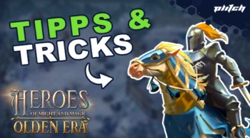 Ritter in Rüstung auf einem Pferd mit Helmzier vor dem Text 'TIPPS & TRICKS' und dem Logo 'HEROES OF MIGHT AND MAGIC OLDEN ERA'