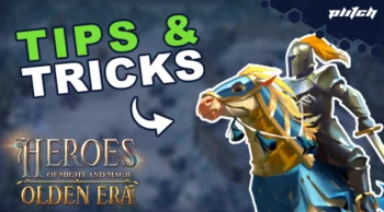 Armored knight on a horse with a plume on the helmet next to the text 'TIPS & TRICKS' and the logo 'HEROES OF MIGHT AND MAGIC OLDEN ERA'