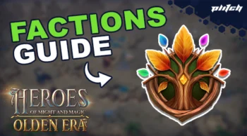 Graphic showing the text 'FACTIONS GUIDE' and the 'Heroes of Might and Magic Golden Era' logo next to a stylized tree with colorful leaves