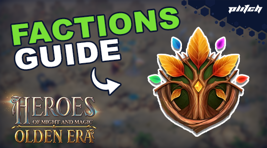 Graphic showing the text 'FACTIONS GUIDE' and the 'Heroes of Might and Magic Golden Era' logo next to a stylized tree with colorful leaves