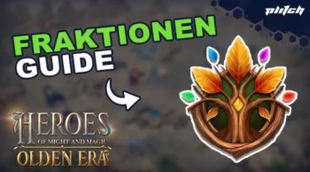 Grafik mit dem Text 'FRAKTIONEN GUIDE' und einem stilisierten Baum-Emblem mit bunten Blättern, dazu das Logo von 'Heroes of Might and Magic Olden Era'