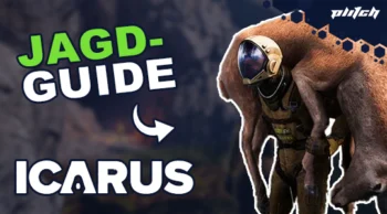 Ein Mensch in einem Raumanzug trägt einen Hirsch, dazu der Text 'JAGD-GUIDE ICARUS' in Großbuchstaben.