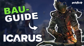 Figur in futuristischer Rüstung mit Helm und Axt vor unscharfem Hintergrund mit dem Text 'BAU-GUIDE ICARUS'