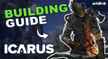 Figure in futuristic armor with helmet and axe in front of blurred background with text 'BUILDING GUIDE ICARUS'