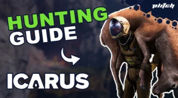 An astronaut in a spacesuit carrying a deer against a blurred background with the text 'HUNTING GUIDE ICARUS' and the logo 'PLITCH'.