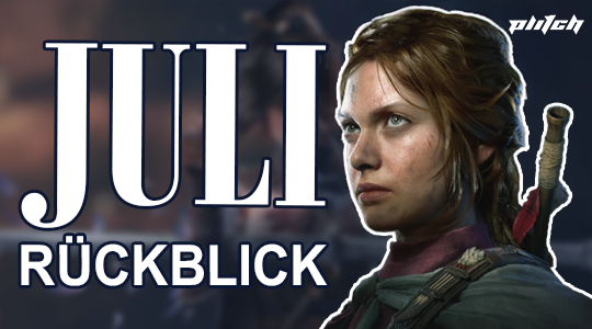 Frau mit Zopf und Ausrüstung, daneben Text 'JULI RÜCKBLICK', PLITCH Logo oben rechts