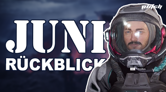 Astronaut in Raumanzug vor dunklem Himmel mit großem Text 'JUNI RÜCKBLICK'