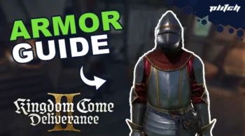 Medieval knight in armor with helmet and red cloak against blurred background, with text 'ARMOR GUIDE' and 'Kingdom Come Deliverance' logo.