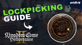 Round old lock with complex locking mechanism, next to the text 'LOCKPICKING GUIDE' and the Kingdom Come Deliverance II logo.