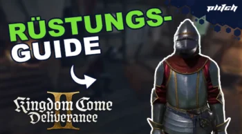 Rüstungsträger in mittelalterlicher Rüstung neben dem Text 'Rüstungs-Guide' und dem Logo von 'Kingdom Come Deliverance'.