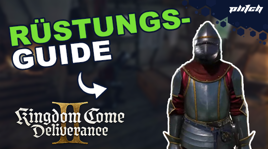 Rüstungsträger in mittelalterlicher Rüstung neben dem Text 'Rüstungs-Guide' und dem Logo von 'Kingdom Come Deliverance'.