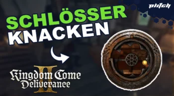 Rundes, altes Schloss mit komplexem Schließmechanismus, daneben der Text 'SCHLÖSSER KNACKEN' und das Logo von Kingdom Come Deliverance II.