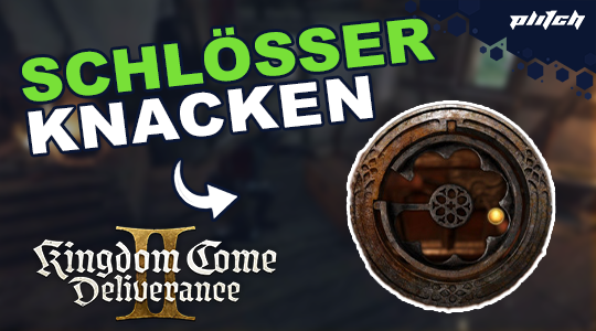 Rundes, altes Schloss mit komplexem Schließmechanismus, daneben der Text 'SCHLÖSSER KNACKEN' und das Logo von Kingdom Come Deliverance II.