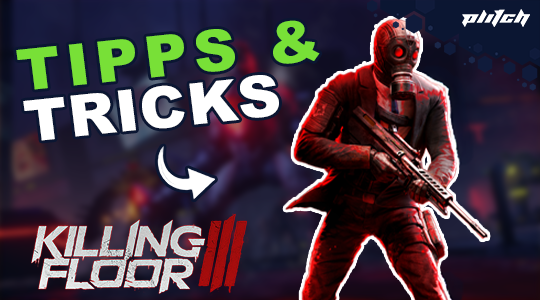 Killing Floor 3 Logo mit Text 'Tipps & Tricks' und Spielfigur mit Gasmaske und Gewehr