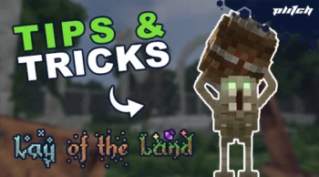 Pixelated game character with glowing eyes next to the text 'TIPS & TRICKS' and 'lay of the Land' in various fonts