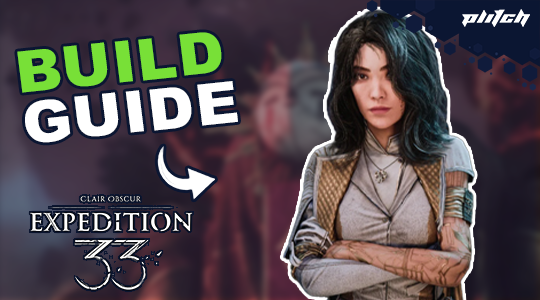Text 'BUILD GUIDE' in grün, Pfeil nach links, Logo 'CLAIR OBSCUR EXPEDITION 33' unten, Person mit tätowierten Armen und grauen Haaren, in einem hellen Oberteil.