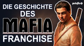 Text 'Die Geschichte des Mafia Franchise' neben einer Figur mit Hemd und Schulterriemen, die eine Waffe trägt