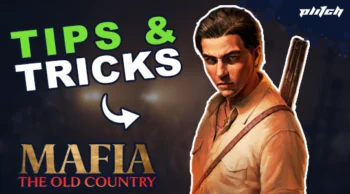 Text 'TIPS & TRICKS' with arrow pointing to 'MAFIA THE OLD COUNTRY' logo and a man holding a weapon