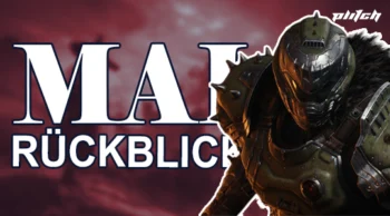 DOOM-Spielcharakter in dunkler Rüstung vor rotem Himmel mit dem Text 'MAI RÜCKBLICK'