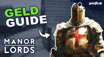 Ritter in mittelalterlicher Rüstung mit rotem Kreuz auf der Brust, daneben der Text 'GELD GUIDE MANOR LORDS'.