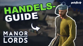 Mann in mittelalterlicher Kleidung mit grünem Oberteil und Gürtel vor unscharfem Hintergrund mit Gebäuden, daneben Text 'HANDELSGUIDE MANOR LORDS'.