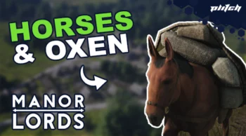 Brown horse with saddle and packs against a blurred background, with green and white text 'HORSES & OXEN' and white text 'MANOR LORDS'.